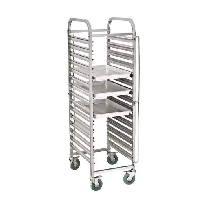 0.8MM Stainless Steel Single Line Tray Trolley 15 Trays Wheels Bread Trolleys Catering Handle Pan Cart LFGB Certified 50kg