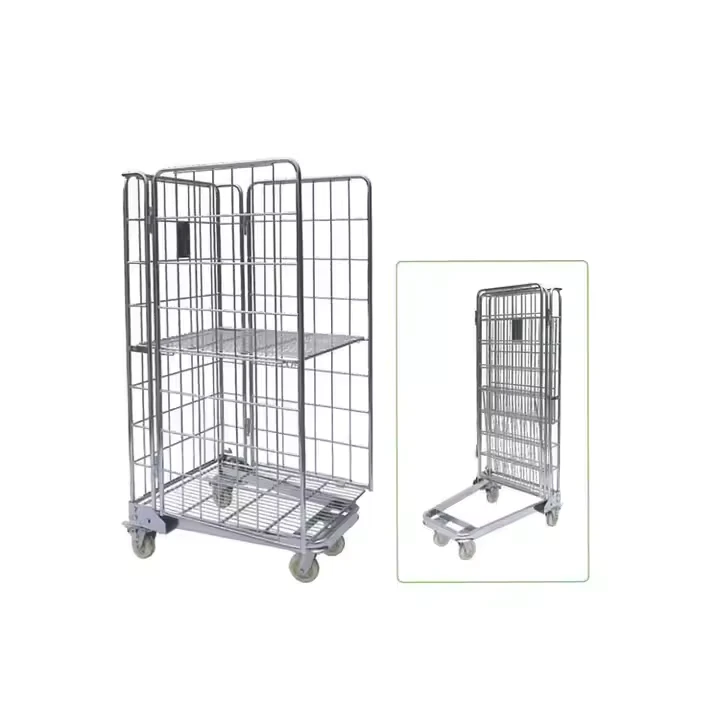 1000KG Loading Capacity 4-Sided Foldable Roll Container Collapsible Roll Trolley Cage With Wheel