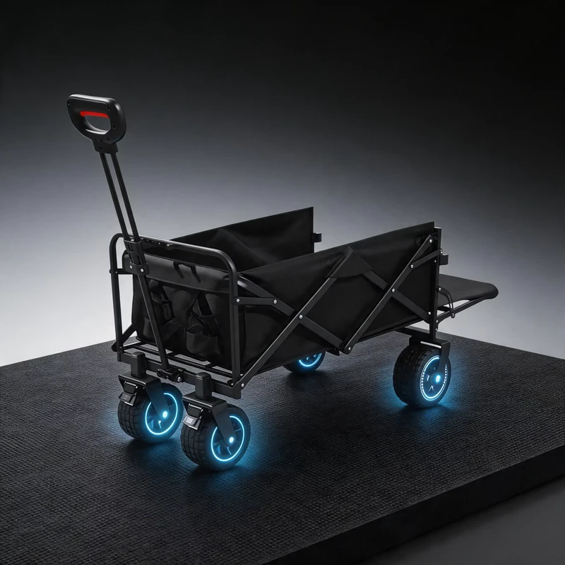 100W Dual Drive Electric Folding Wagon 200kg Static Load Capacity Motorized Camping Cart with 6km Range Rear Opening Tailgate