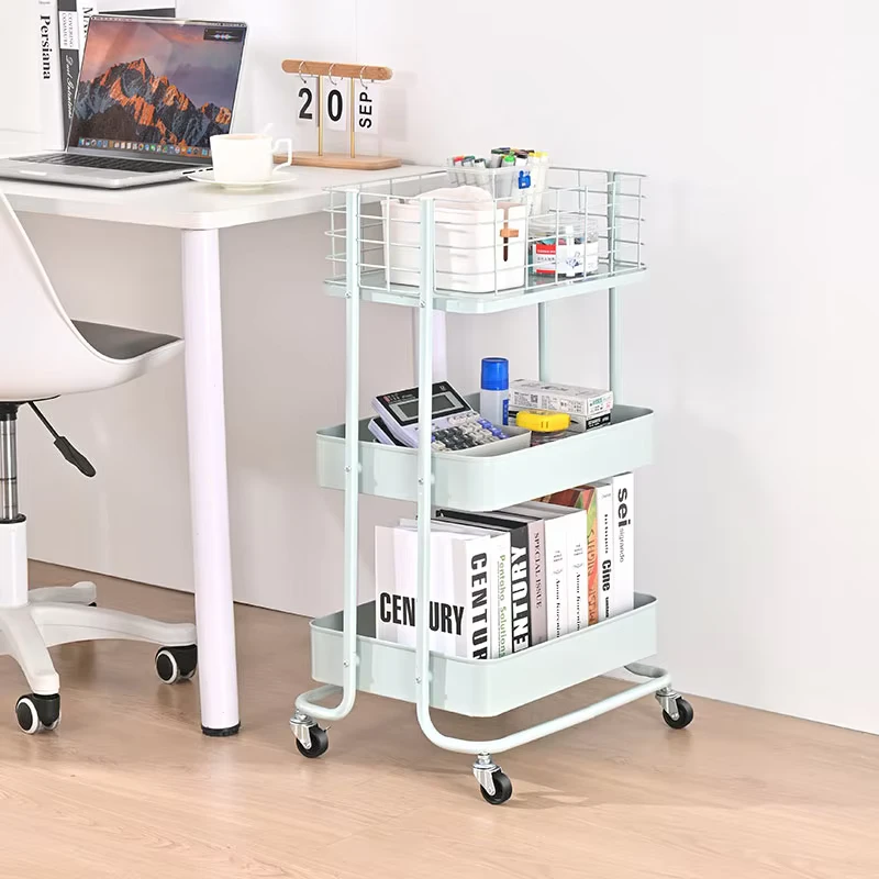 13CM High Fence 3 Tier Metal Utility Rolling Cart Storage Trolley Cart for Student Dormitory Office Kitchen Bathroom