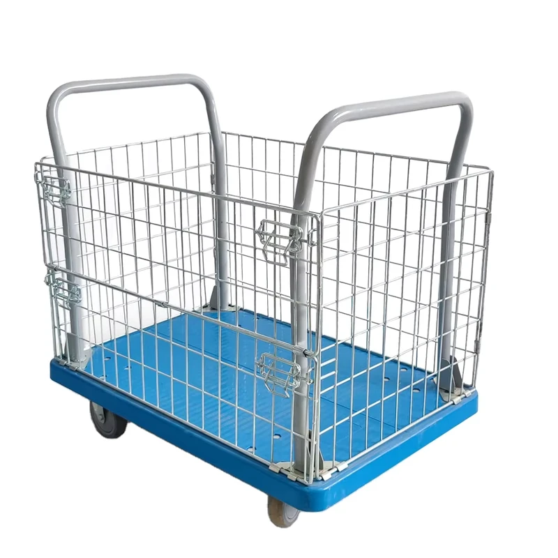 150kg 300kg Folding Plastic Trolley Cart with Wheels Hand Trolley with Fence