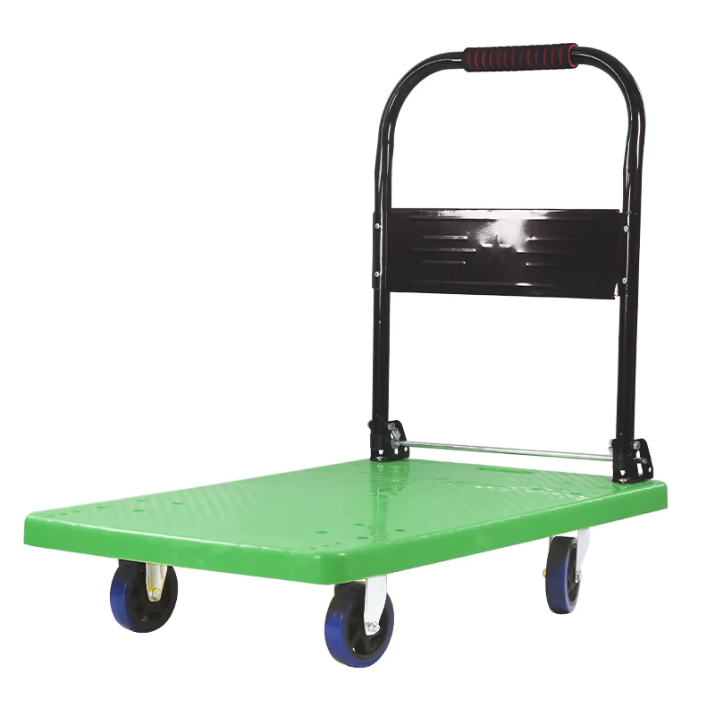 150kg Capacity Green Foldable Durable Four Wheel Large Size Plastic Platform Hand Cart 480*720mm for Indoor Outdoor Shopping OEM