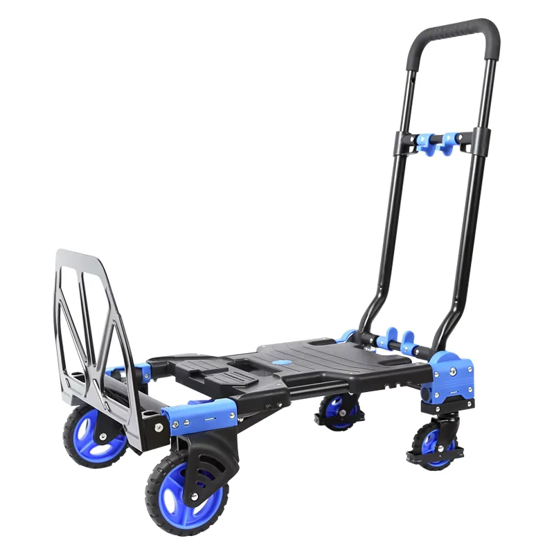 150kg Industrial Foldable Four Wheel Hand Truck 2 in 1 Convertible Trolley With Retractable Handle OEM