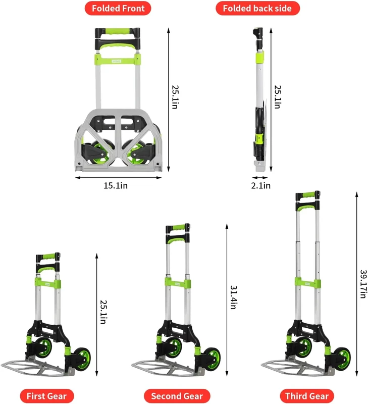 175 lb Capacity with PP+TPR Wheels Dolly and Folding Hand Truck Telescoping Handle Aluminum Luggage Trolley Cart