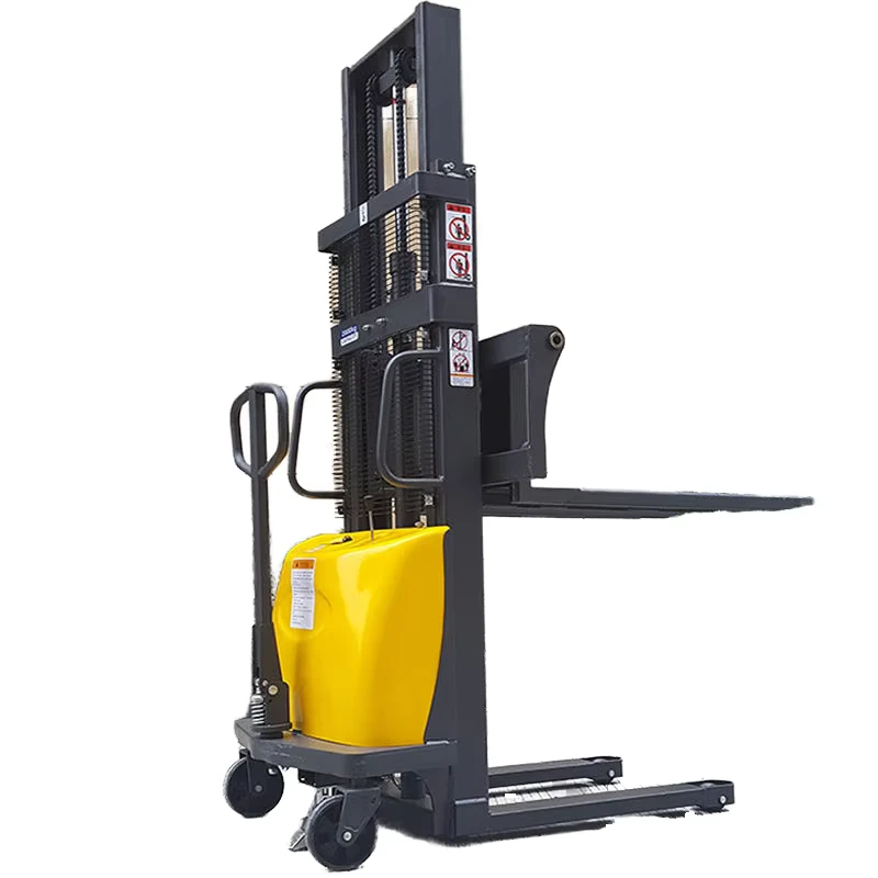 1ton Semi Electric Hydraulic Manual Stacker Self Lifting Pallet Loader Forklift