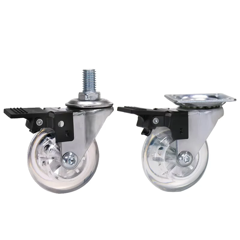 2 Inch Transparent Mini Swivel Furniture Stem Caster Lock Wheels with Brake PU & Nylon Plate Casters OEM Customizable