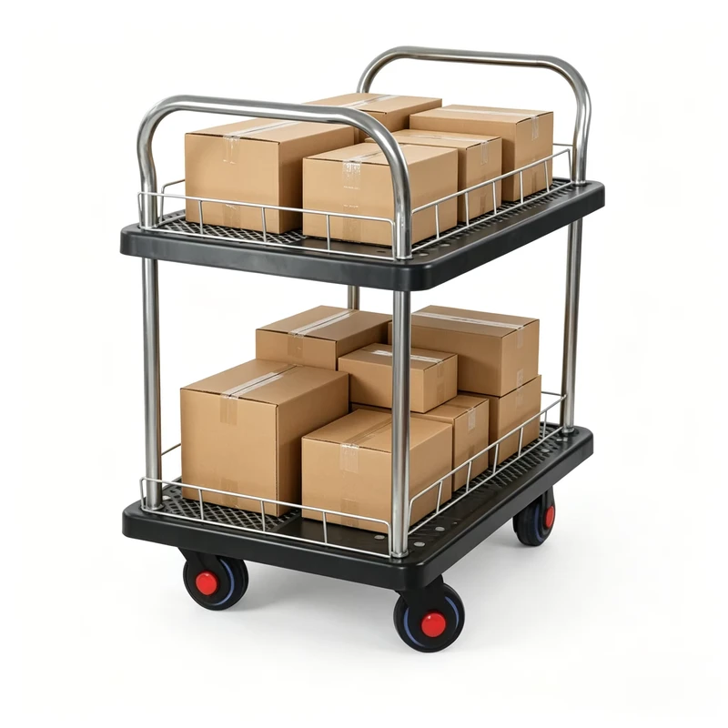 2 Layer Double Layer Plastic Platform Handcart Trolley with 300kg Load Capacity for Industrial Tools and Shipping Goods