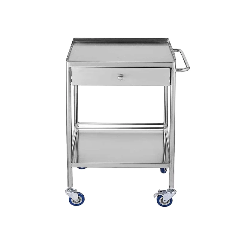 2 Layer Stainless Steel Multifunctional Household Medical Lab Mobile Trolley Silen Serving Cart Drawers for Kitchen Bathroom Use