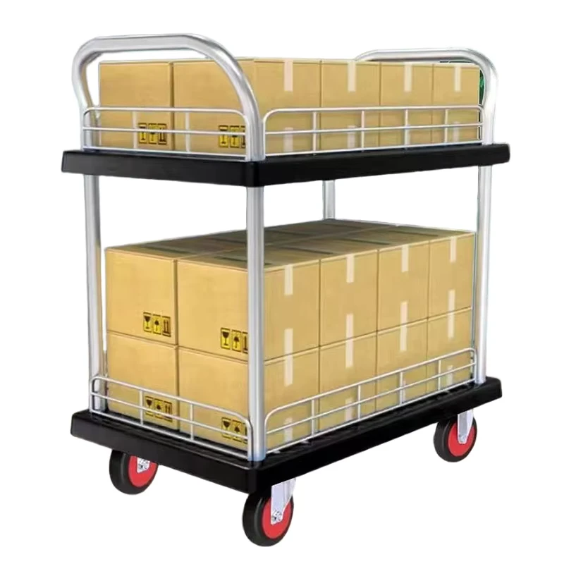 2 Layer Utility Cart 660lbs Capacity Heavy Duty Plastic Rolling Service Carts with Rubber Wheels for Groceries Warehouse Garage