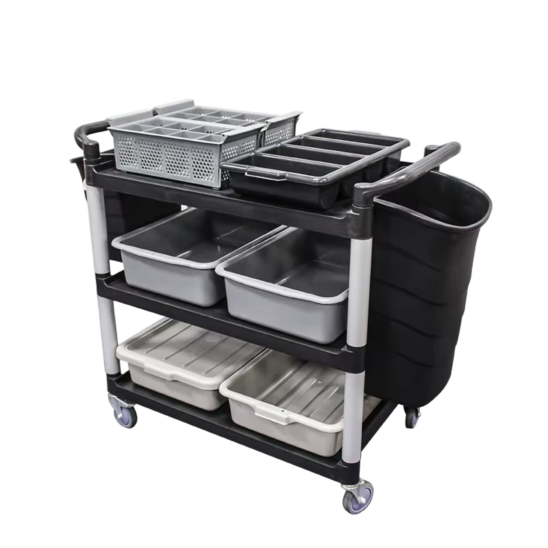 2 Layer Utility Industrial Service Trolley Cart with Storage Tote Box Hotel and Restaurant Supplies