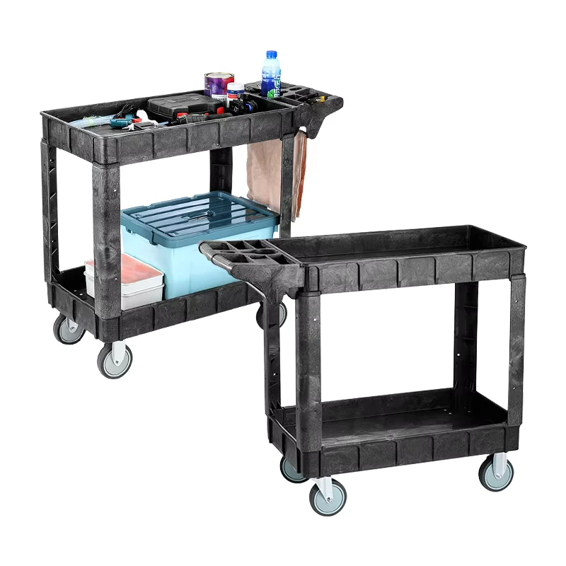 2 Shelf Heavy Duty Plastic Utility Service Cart 550 Lbs Capacity for Kitchen Bathroom Warehouse Garage Manufacturing Cleaning