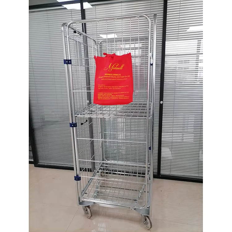 2 Sided Folding Nesting Logistic Storage Metal Steel Wire Mesh Roller Cage Trolley 350kg Load Capacity