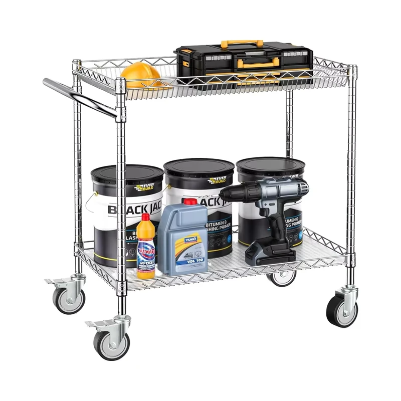 2 Tier Commercial Grade Metal Utility Cart 900LBS NSF Certified Heavy Duty Rolling Storage Rack with Black Handle Bar