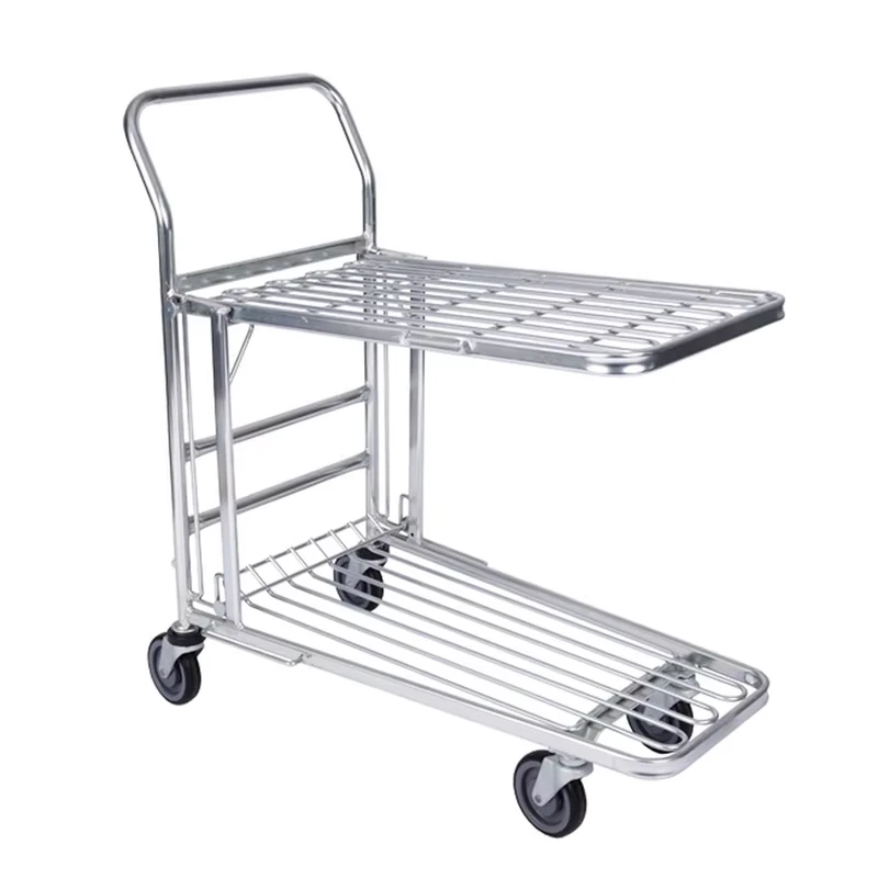 2-Tier Customizable Steel Platform Shopping Transport Trolley Supermarket Cart 4 Wheels Zinc Finish for Storage