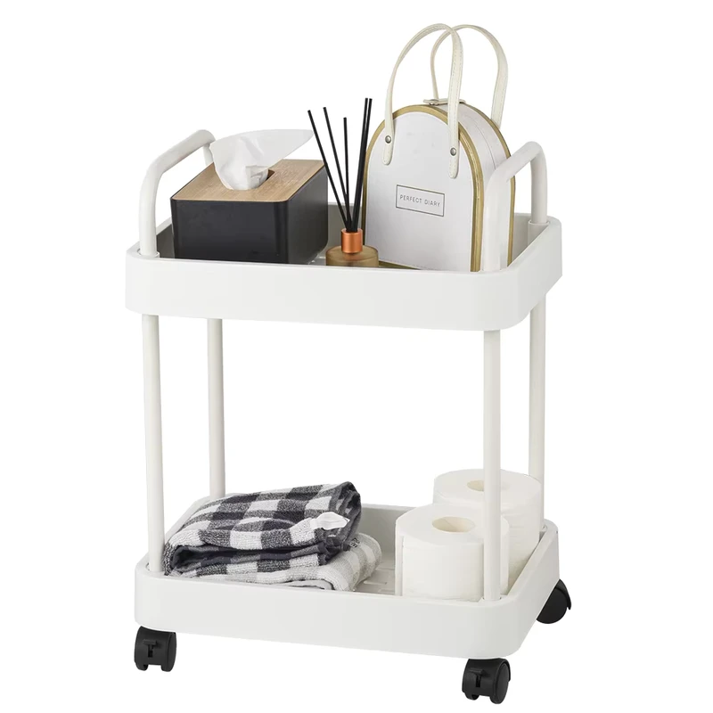 2 Tier Kitchen Living Room Bathroom White Metal Utility Multi function Rolling Storage Cart with Wheels