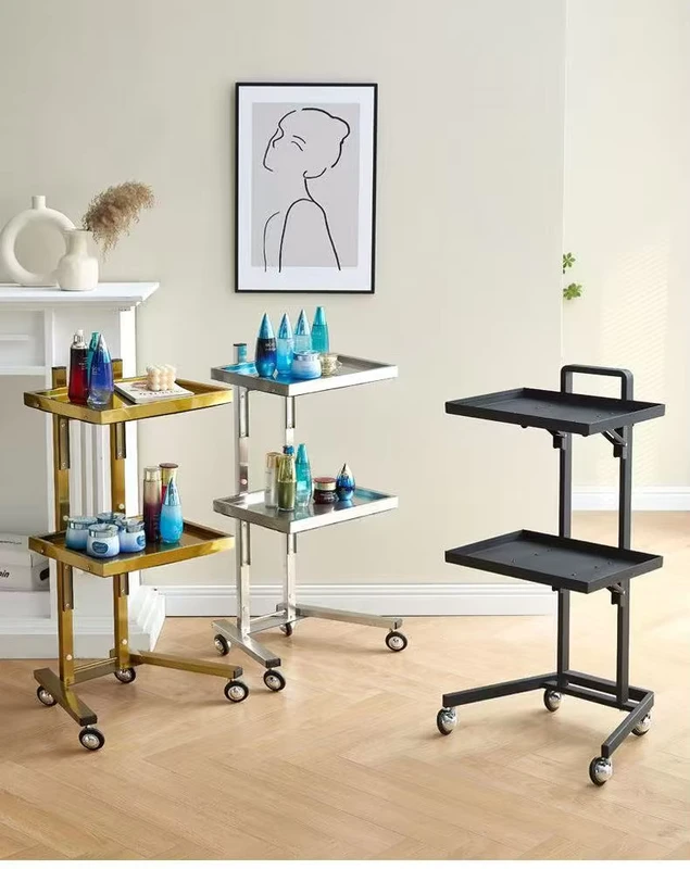 2 Tier Metal Rolling Cart Stainless Steel Salon Tray with Wheels Foldable Utility Carts Folding Salon Tray Trolley