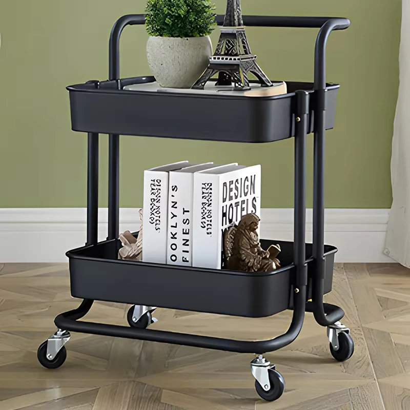 2 Tier Metal Rolling Utility Cart with Four Wheel for Kitchen & Garage Household Organization Trolley with Handle