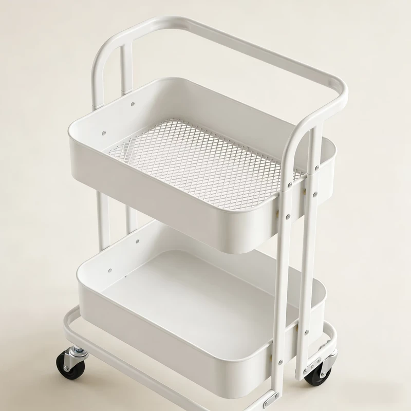 2 Tier Rolling Storage Cart with Wheels White Metal Mesh Utility Cart for Home Kitchen Bathroom