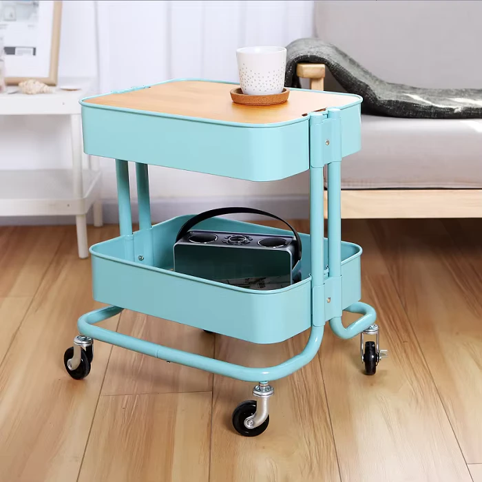 2 Tier Rolling Storage Cart with Wooden Lid Home Kitchen Organizer Utility Trolley
