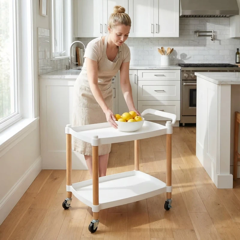 2 Tier Rolling Utility Cart with Wooden Legs White Mobile Storage Shelf for Bathroom Kitchen & Living Room
