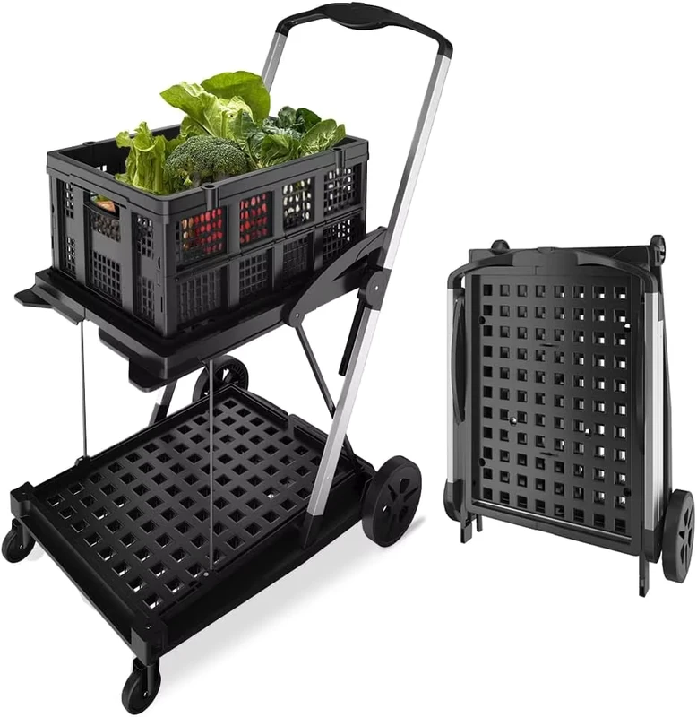 2 Tier Shopping Cart with Crates Multi Use Collapsible Cart with 360° Rolling Wheels Heavy Duty Utility Cart Foldable Trolley