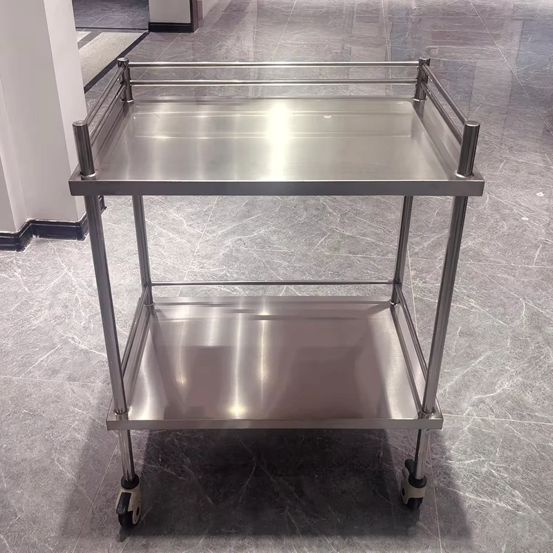 2 Tier Trolley Stainless Steel Nursing Trolley Fixed Guardrails On Both Levels Easy Mobility Installation Heavy Duty Lab Cart KZ A201