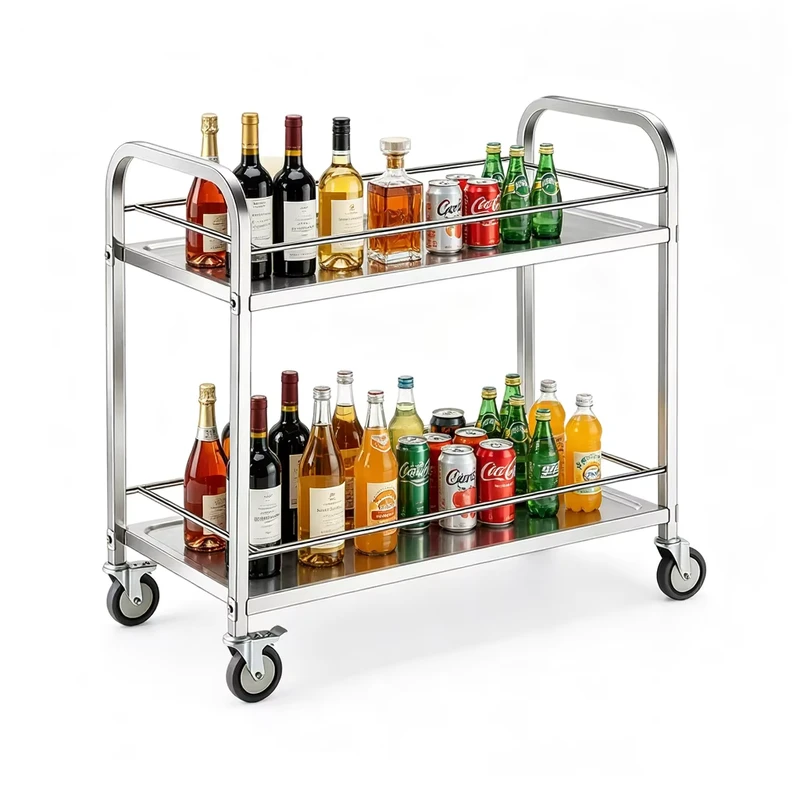 2 Tiers Drinks Service Trolley Restaurant Metal Hotel Beverage Trolly Room Service Cart with Wheels