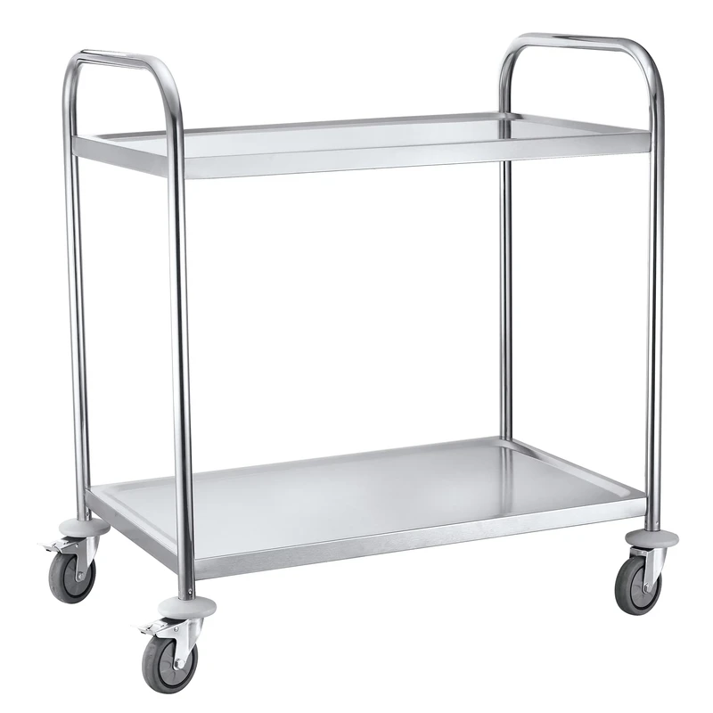 2 Tiers Stainless Steel Round Tube Food Service Trolley Cart with Wheels