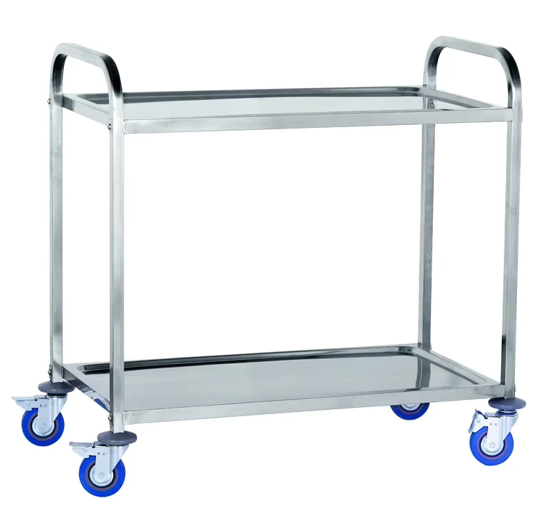 2 Tiers Stainless Steel Square Tube Food Service Trolley Cart with Wheels