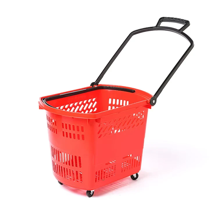 20 L Plastic Shopping Basket With Wheels Hand Pull Folding Plastic Shopping Trolley for Supermarket
