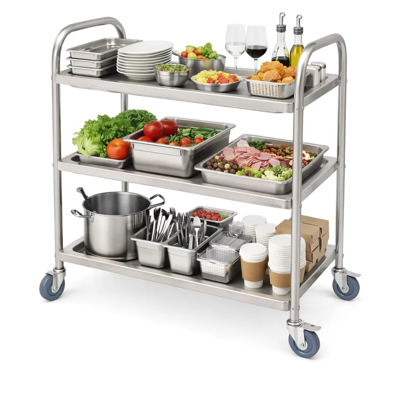 201 Undershelf Easy Clean 3 Layer Stainless Steel Food Service Trolley Cart with Cases Stainless Steel Food Cart with Wheels