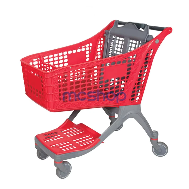 220L Supermarket Plastic Shopping Trolley Whole Plastic Shopping Cart with Mesh Tray