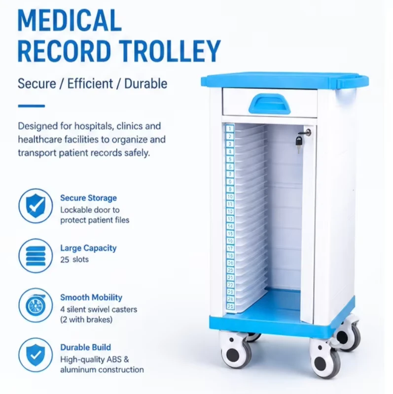 25 Slot Lockable ABS Medical Records Trolley with Drawer and 200 lb Load Capacity for Hospital Clinic