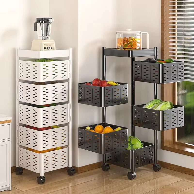 3/4/5 Tier Square Rotating Storage Cart with Top Lid Metal Wire Fruit Vegetable Basket Rolling Storage Rack with Wheels