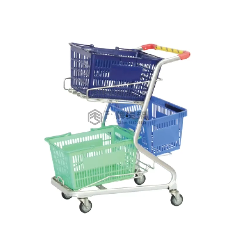 3 Basket Shopping Trolley with Wheels 2 Tiers Grocery Cart Supermarket Double Basket Waterproof Eco Friendly