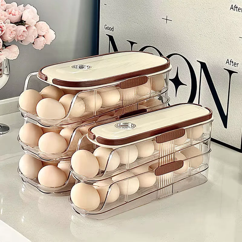 3 Layer Automatic Rolling Microwavable Portable Plastic Egg Holder Kitchen Eggs Container Storage Box