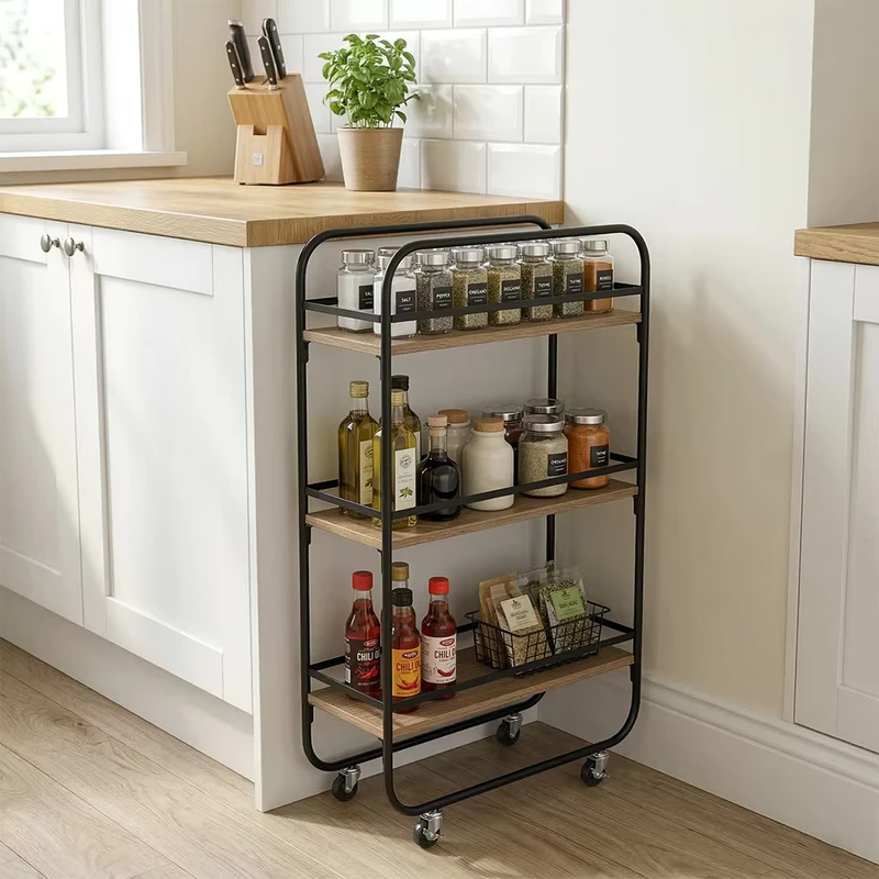 3 Layer Black Iron Modern Multifunctional Heavy Duty Sturdy Moving Kitchen Rolling Trolley Storage Rack with Wooden Base