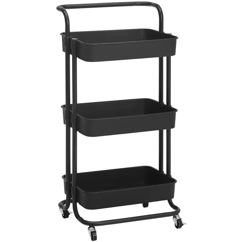 3-Layer Carbon Steel Kitchen Vegetable Cart Wire Cage Trolley with 4 Metal Wheels Storage Cart
