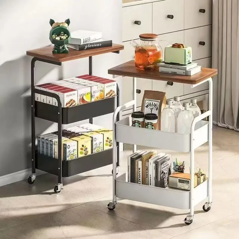 3 Layer Folding Eco Friendly Movable Metal Trolley Storage Rack Locking Wheels Utility Cart Rolling Snack Shelf for Living Room