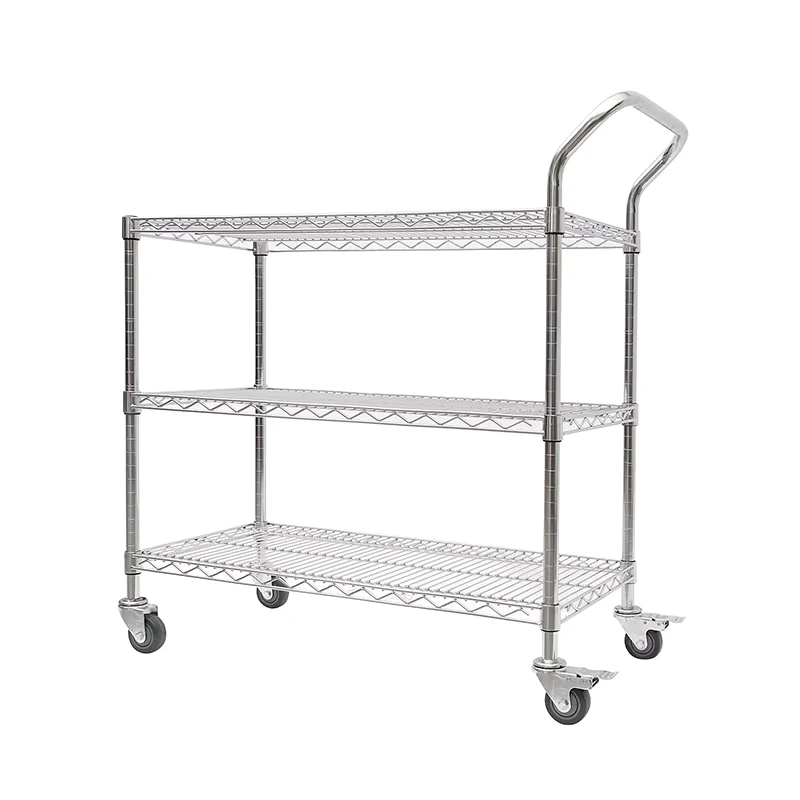 3 Layer Household Trolley Chrome plated Wire Mesh Removable Anti static Turnover Car with Wheels