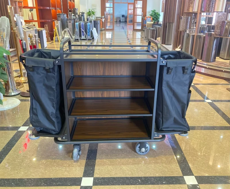 3 Layer Housekeeping Room Service Cart Maid Cleaning Trolley with Two Long Bags