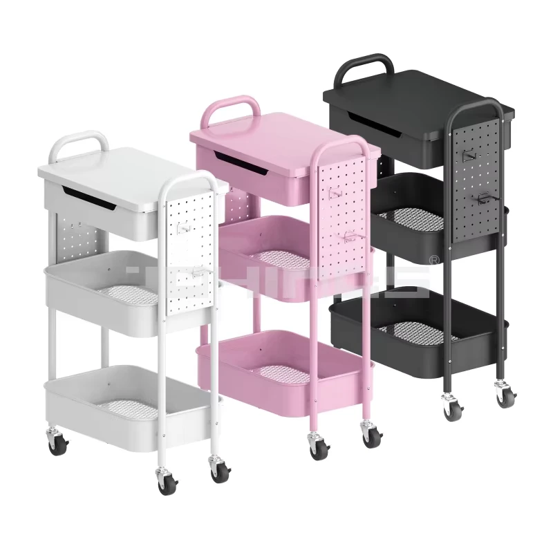 3 Layer Metal Utility Cart Mobile Trolley Cart Kitchen Holder Storage Rolling Cart With Pegboard and Lockable Wheels