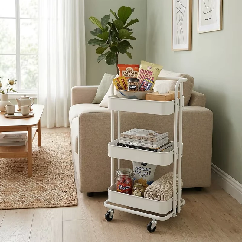 3 Layer White Iron Raised Edge Rollable Multifunctional Heavy Duty Beauty Storage Cart Kitchen Trolley