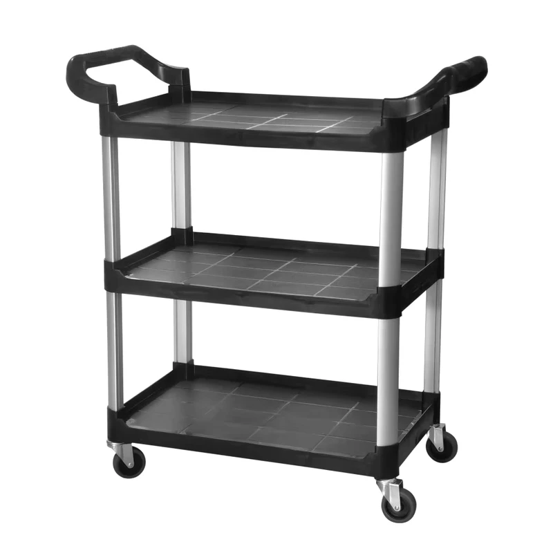 3 Level Black Rolling Bar Drink Food Service Plastic Utility Bussing Cart Workshop Trolley