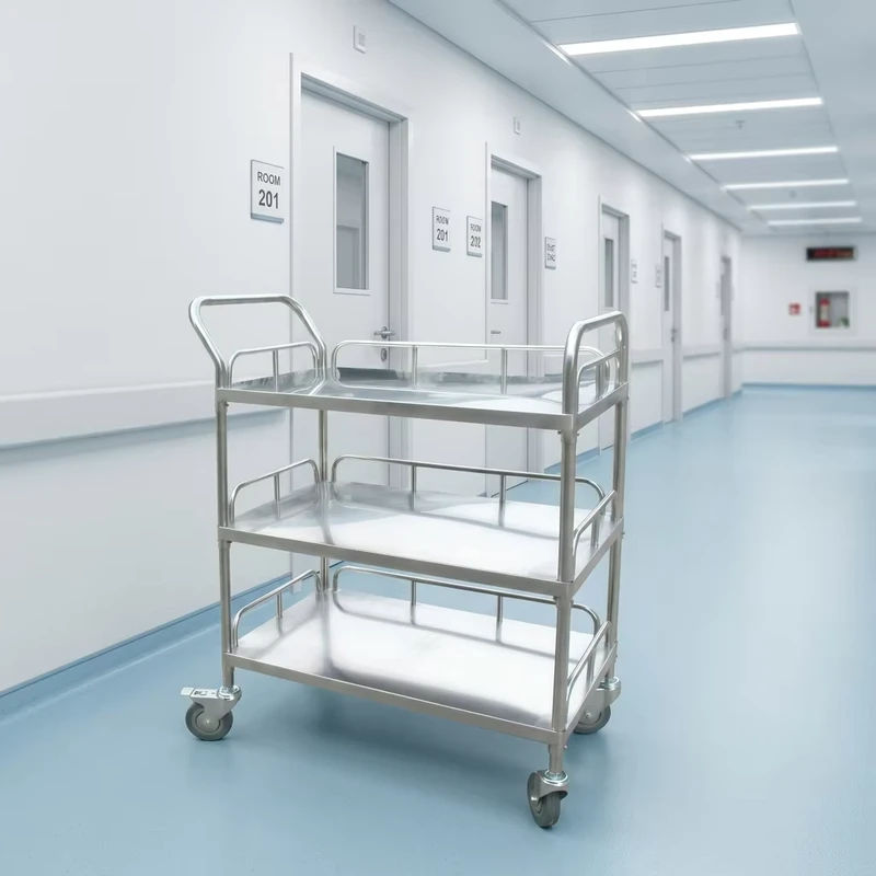3 Shelf Stainless Steel Medical Trolley Mobile Utility Cart with Lockable Wheels for Healthcare