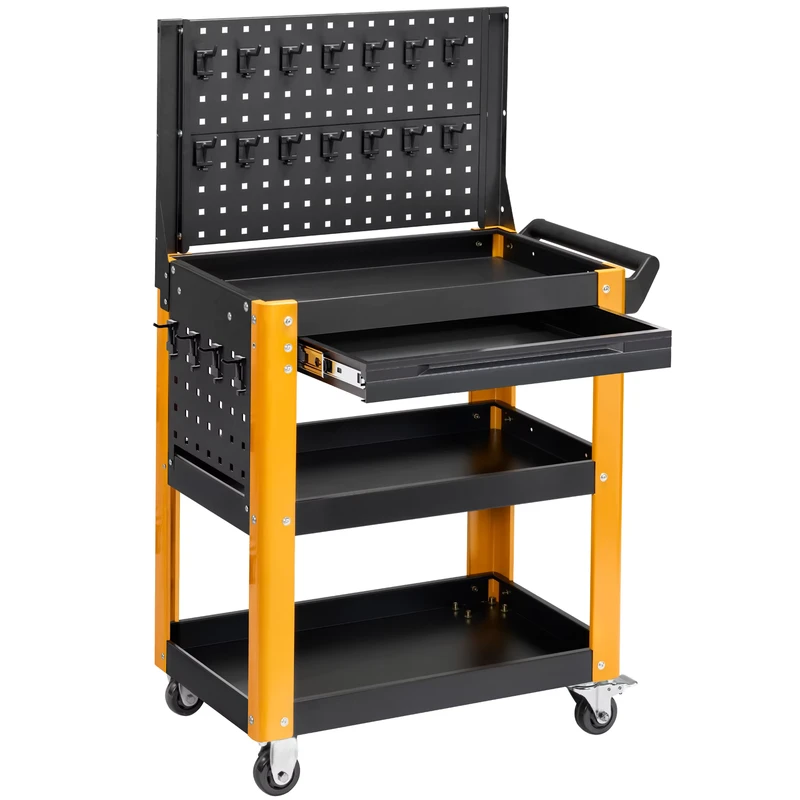 3 Shelf Tool Service Cart with Single Drawer Industrial Mobile Workstation with Wheels