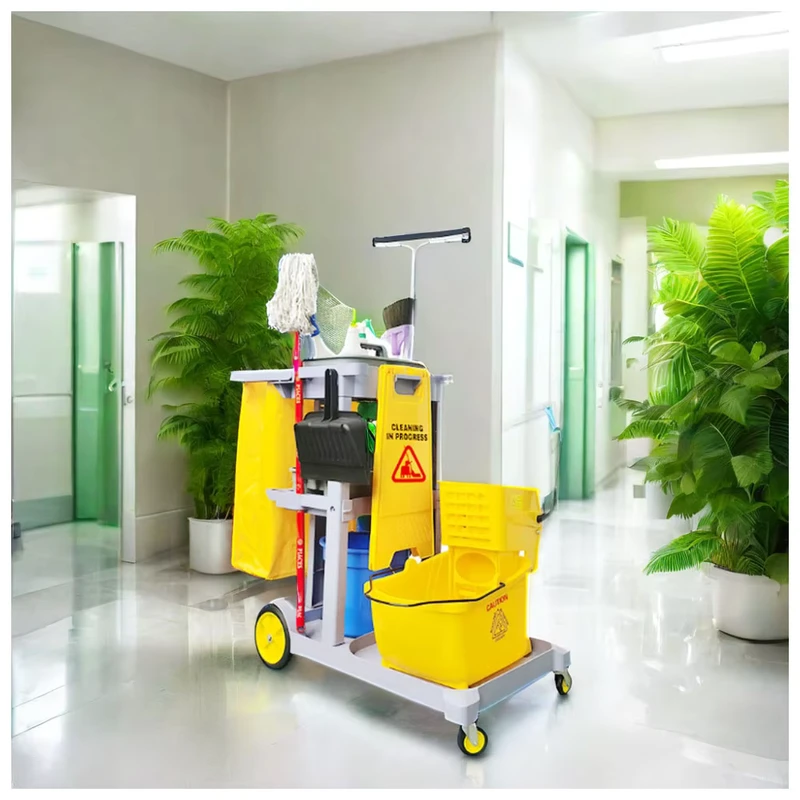 3-Shelf Wheeled Janitorial Cleaning Cart with Yellow Vinyl Bag Commercial Office and School Space Made of Durable Plastic