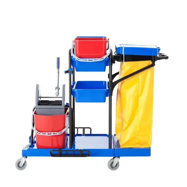 3 Shelf Wheeled Janitorial Cleaning Cart with Yellow Vinyl Bag Commercial Office and School Space Made of Durable Plastic