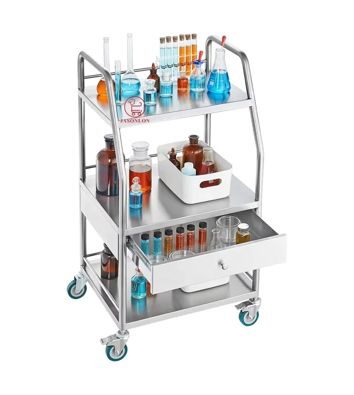 3 Shelves Stainless Steel 201 Medical Rolling Cart Hospital Utility Cart with 50kg Capacity LFGB Certified