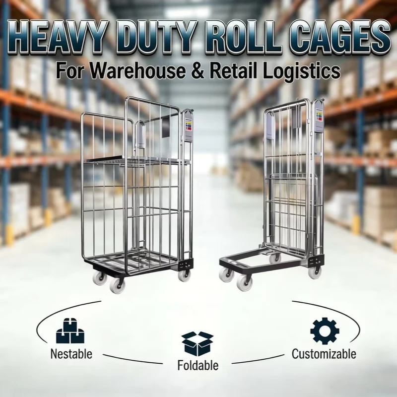 3 Sided Nestable Trolley Foldable Wire Mesh Cart for Hospital Laundry A Frame Logistics Roll Cage Container for Space Saving